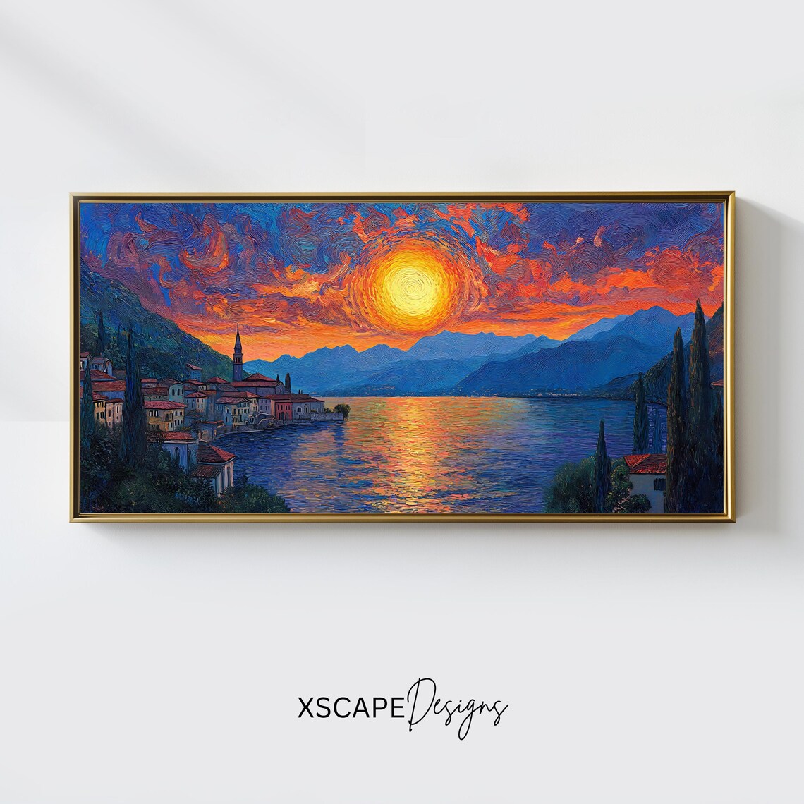 Italian Lake Sunset Lakeside Village Sun Over Water Travel Poster