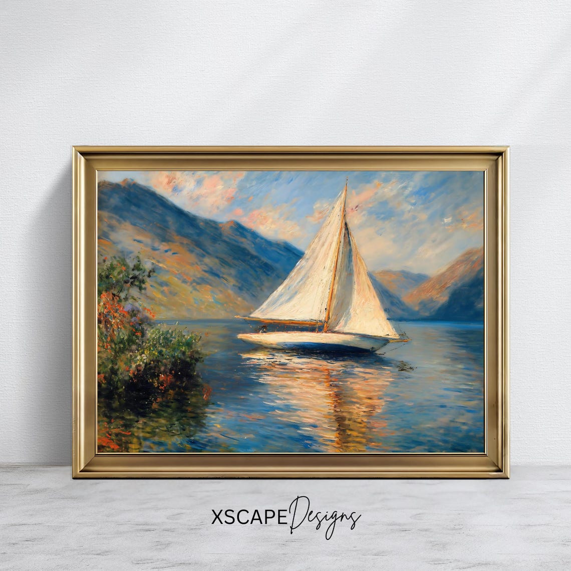Antique Sailboat on a Mountain Lake at Golden Hour Nautical Poster