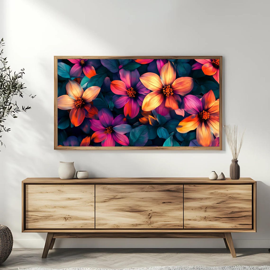 Neon Magenta Orange Flowers On Dark Teal Modern Floral Art Poster - Image 3