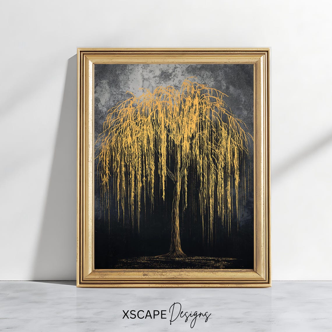Golden Weeping Willow Tree Dark Background Elegant Botanical Wall Art