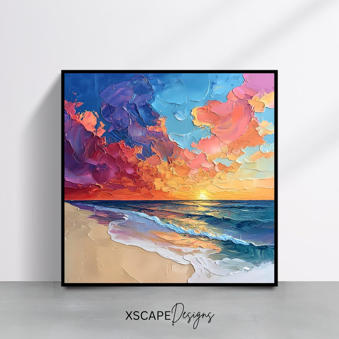 Beach Sunset Dramatic Pink Clouds Ocean Waves Impasto Wall Art Poster