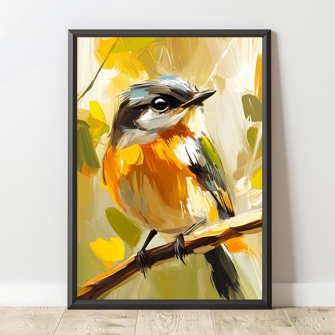 Colorful Songbird Orange Breast Perched Branch Yellow Green Wall Art - Image 2