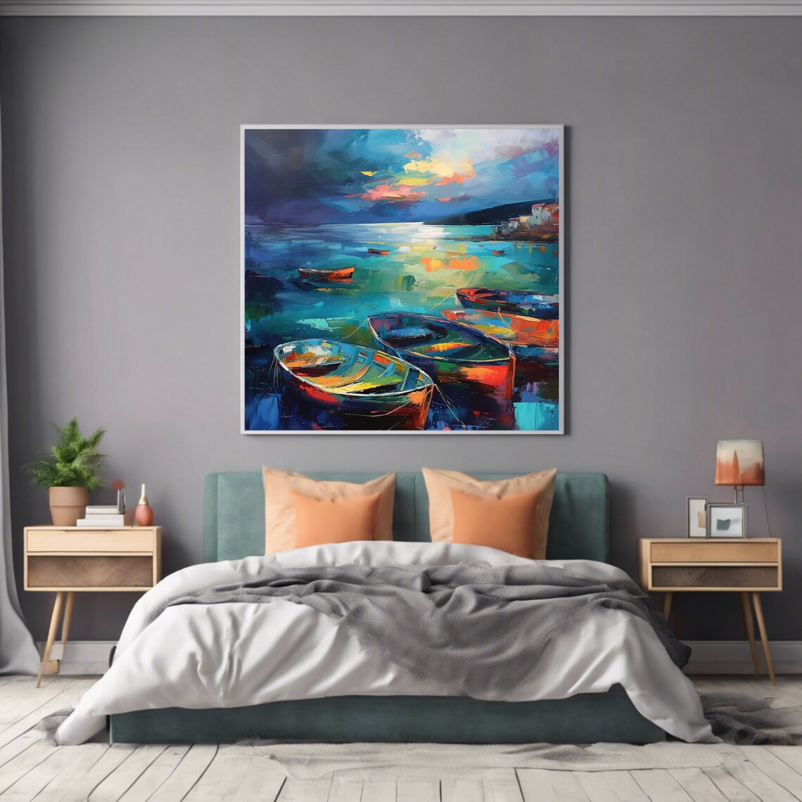 Harbor Fishing Boats Sunset Mooring Colorful Seascape Art Print Poster - Image 2