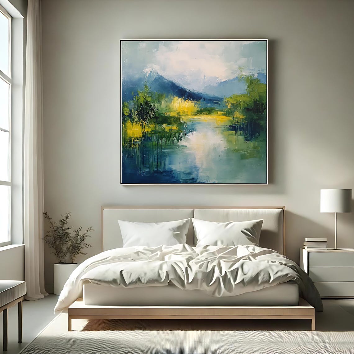 Mountain Landscape Wall Art Print Abstract Nature Artwork Square Scenic River Decor Modern Green And Blue Painting - Image 2