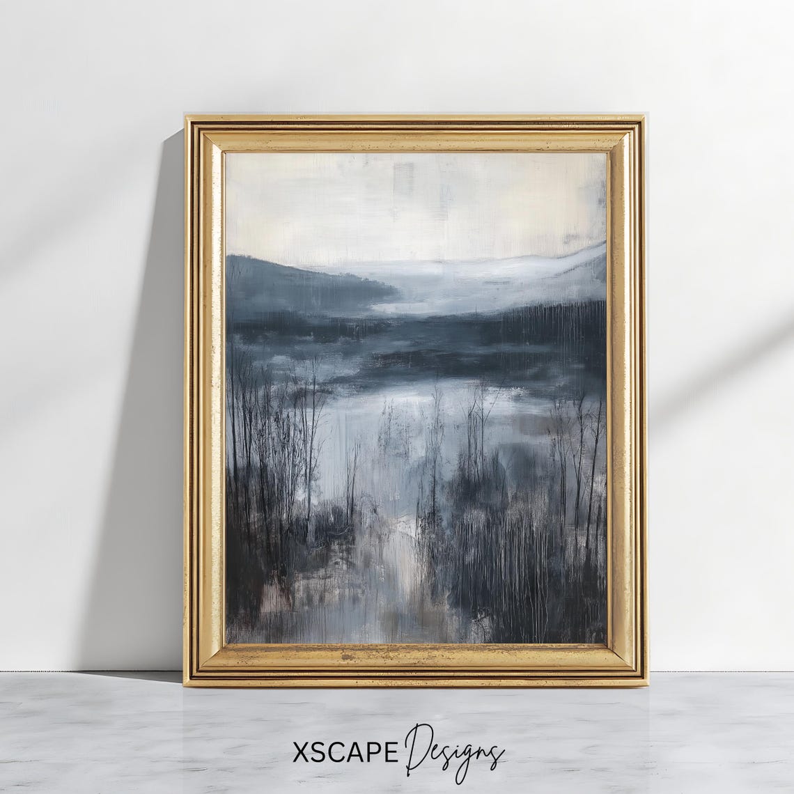 Moody Blue Misty Lake Bare Trees Minimalist Gray Nature Art Poster