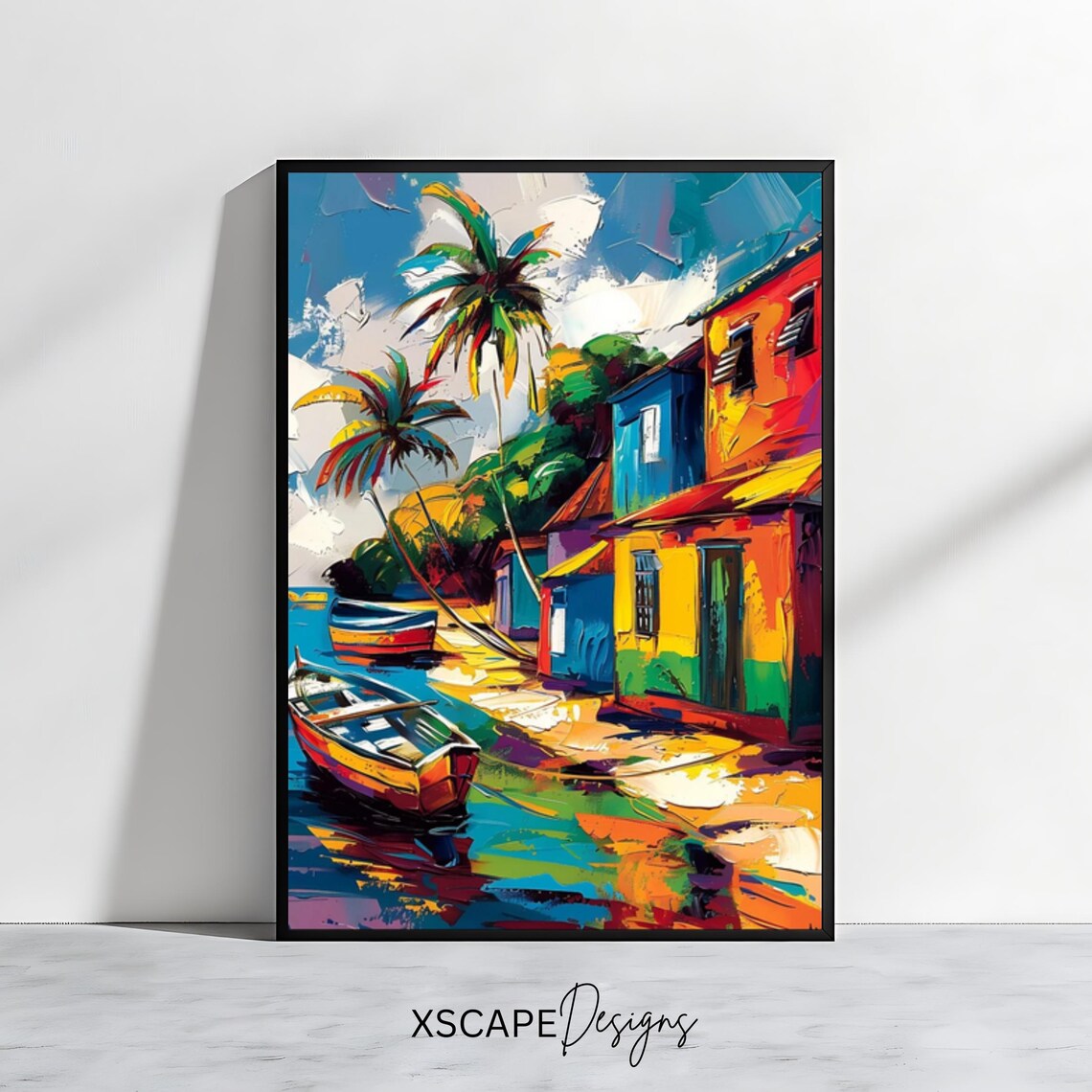 Caribbean Village Colorful Houses Boats Tropical Travel Poster