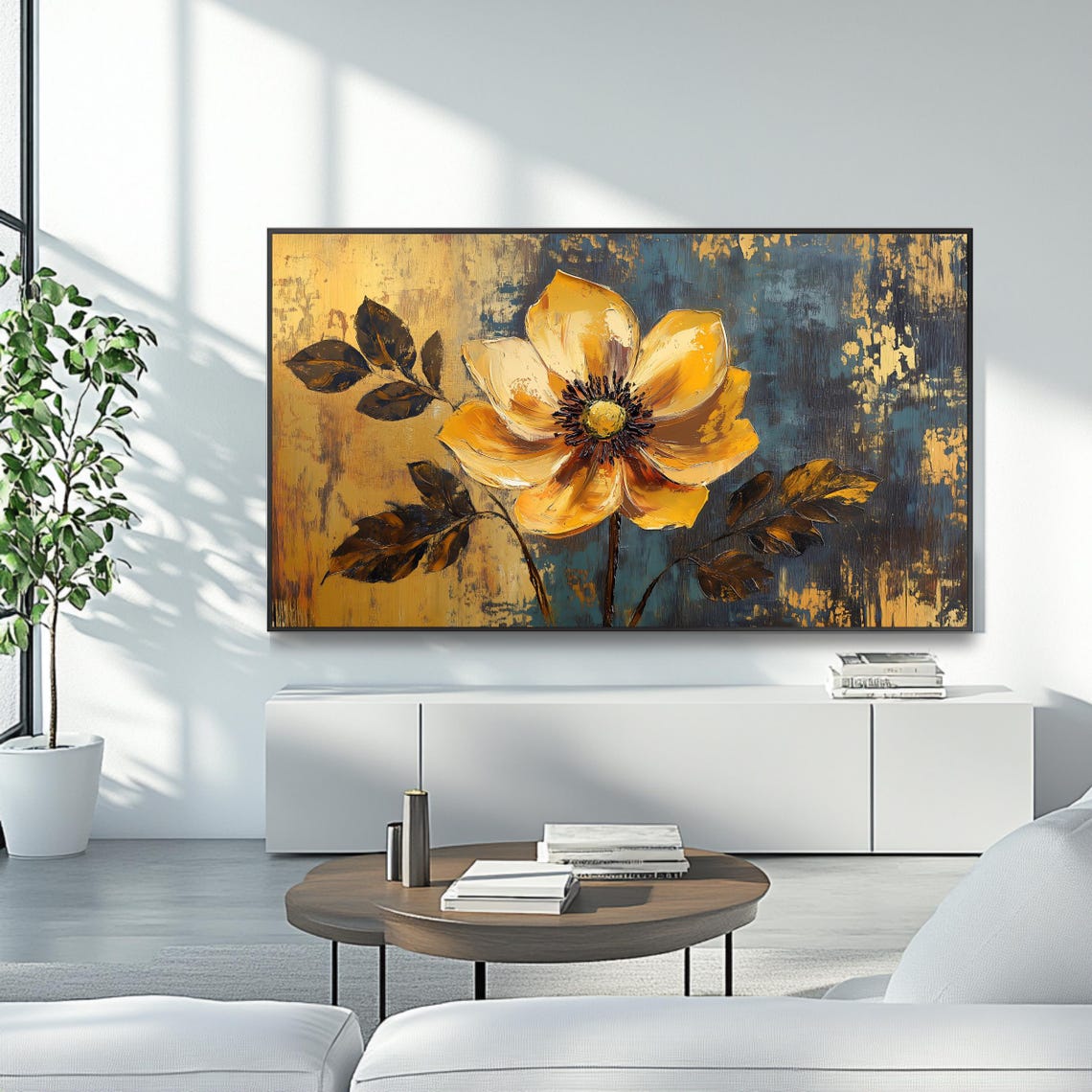 Golden Yellow Flower Abstract Impasto Botanical Modern Art Poster - Image 4