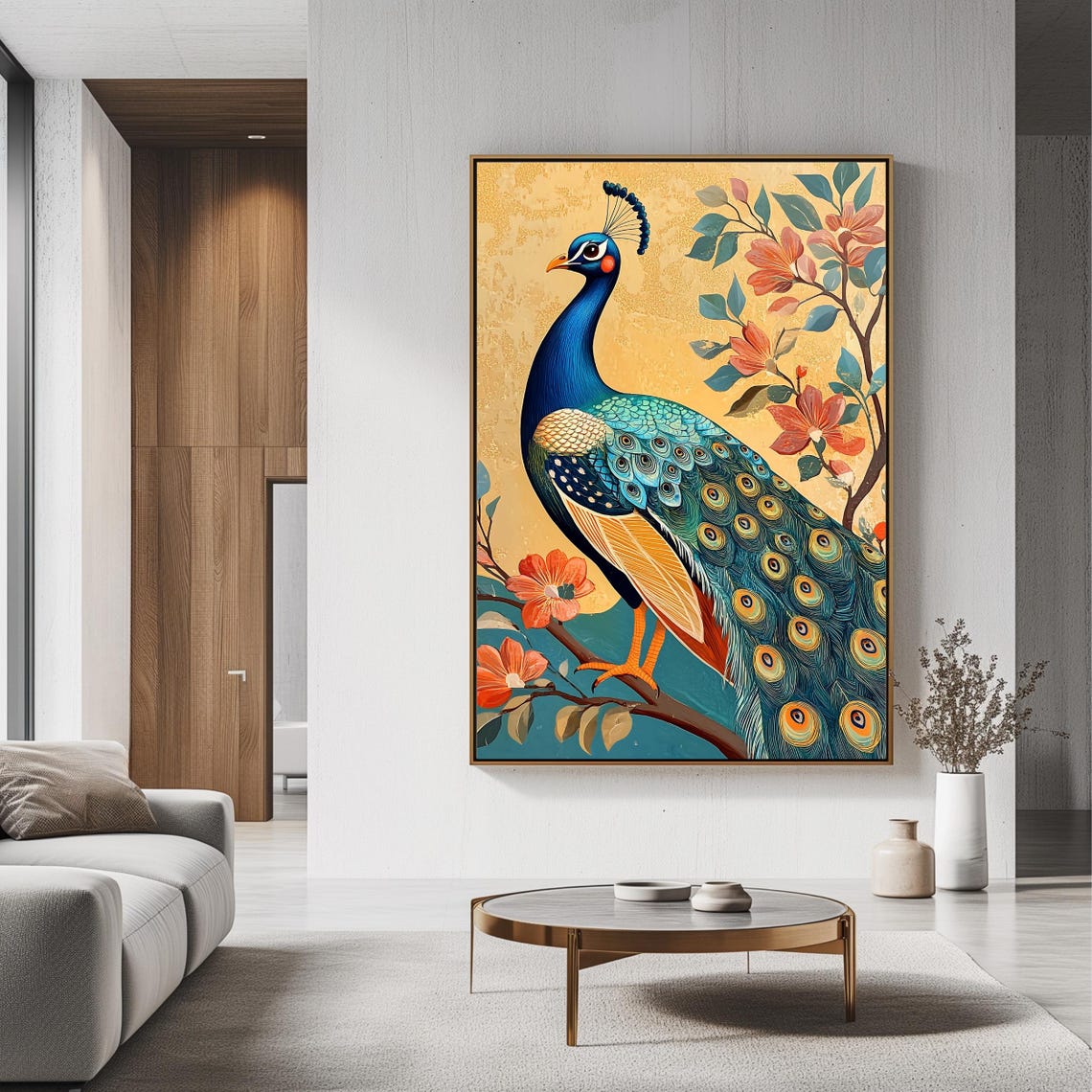 Elegant Peacock Golden Teal Branch Chinoiserie Style Bird Art Print - Image 3