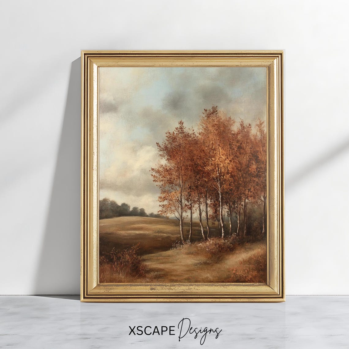 Vintage Autumn Birch Trees Golden Field Moody Sky Fall Landscape Print