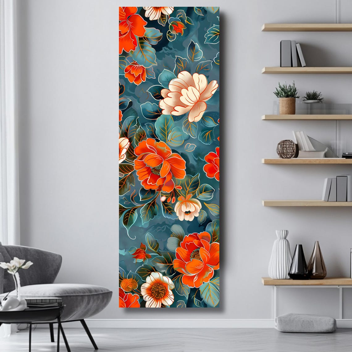 Tall Vertical Floral Pattern Orange Peony Teal Background Print - Image 4