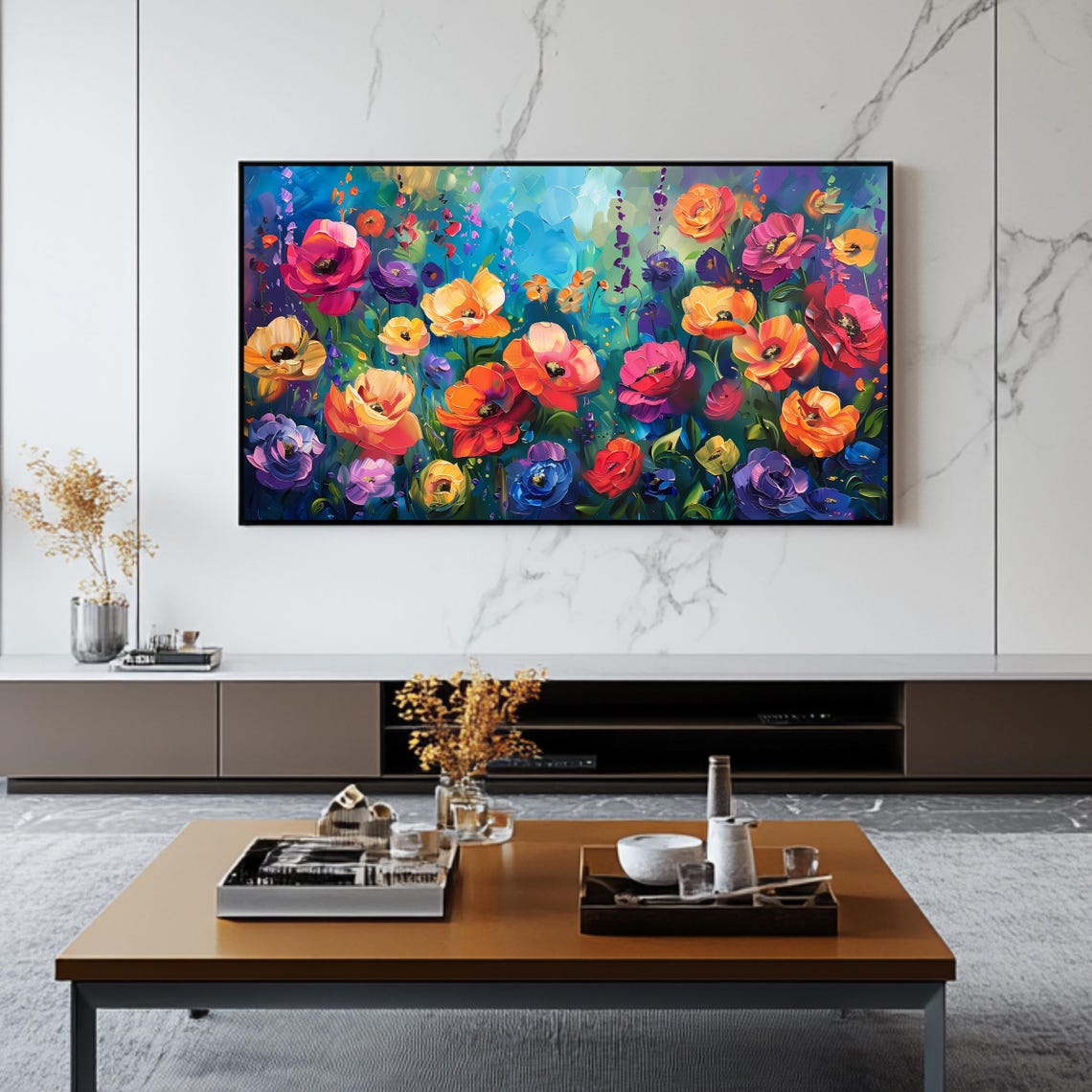 Colorful Poppies Flower Field Teal Background Vibrant Bloom Art Poster - Image 2