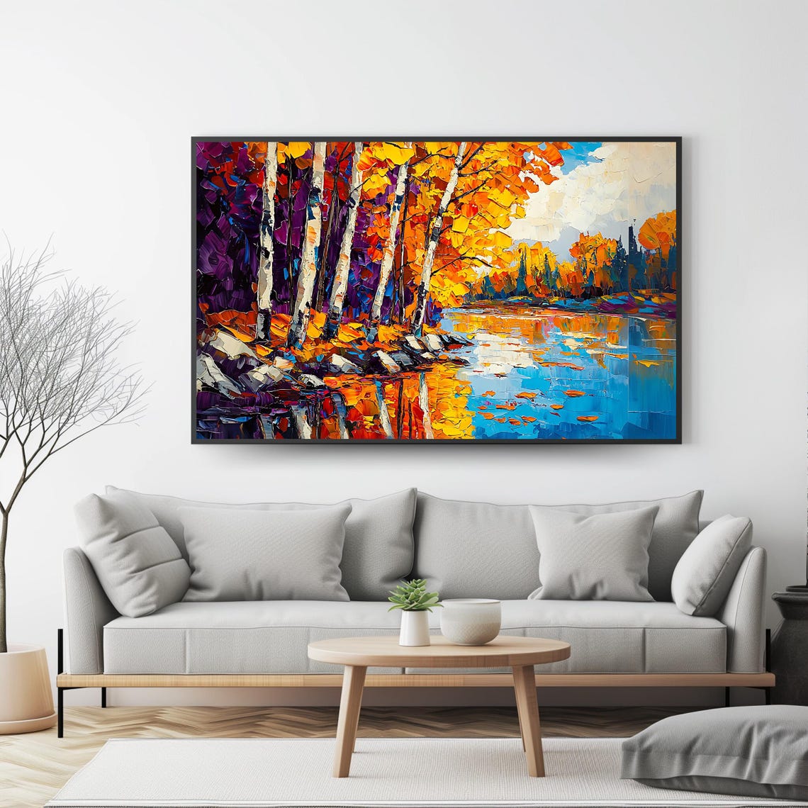Autumn Birch Forest Palette Knife Orange Purple Lakeside Travel Poster - Image 4