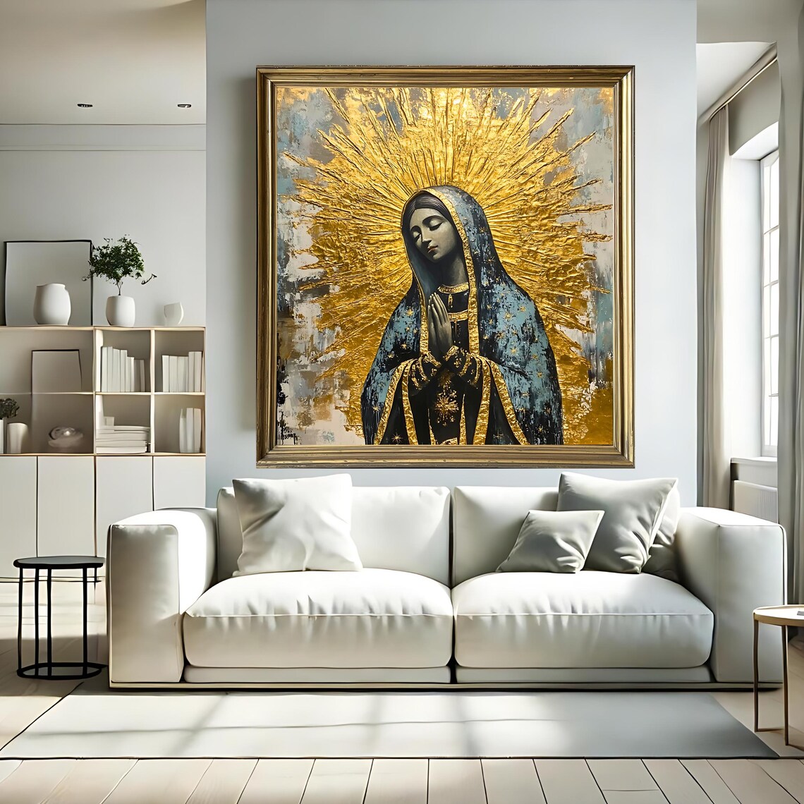 Our Lady of Guadalupe Gold Sunburst Halo Praying Vintage Marian Art Print - Image 3
