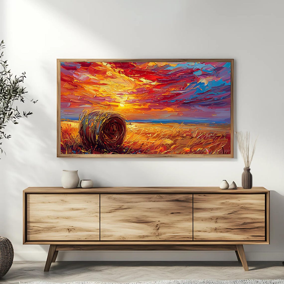 Hay Bale in a Golden Wheat Field at Vibrant Sunset Impasto Poster - Image 3