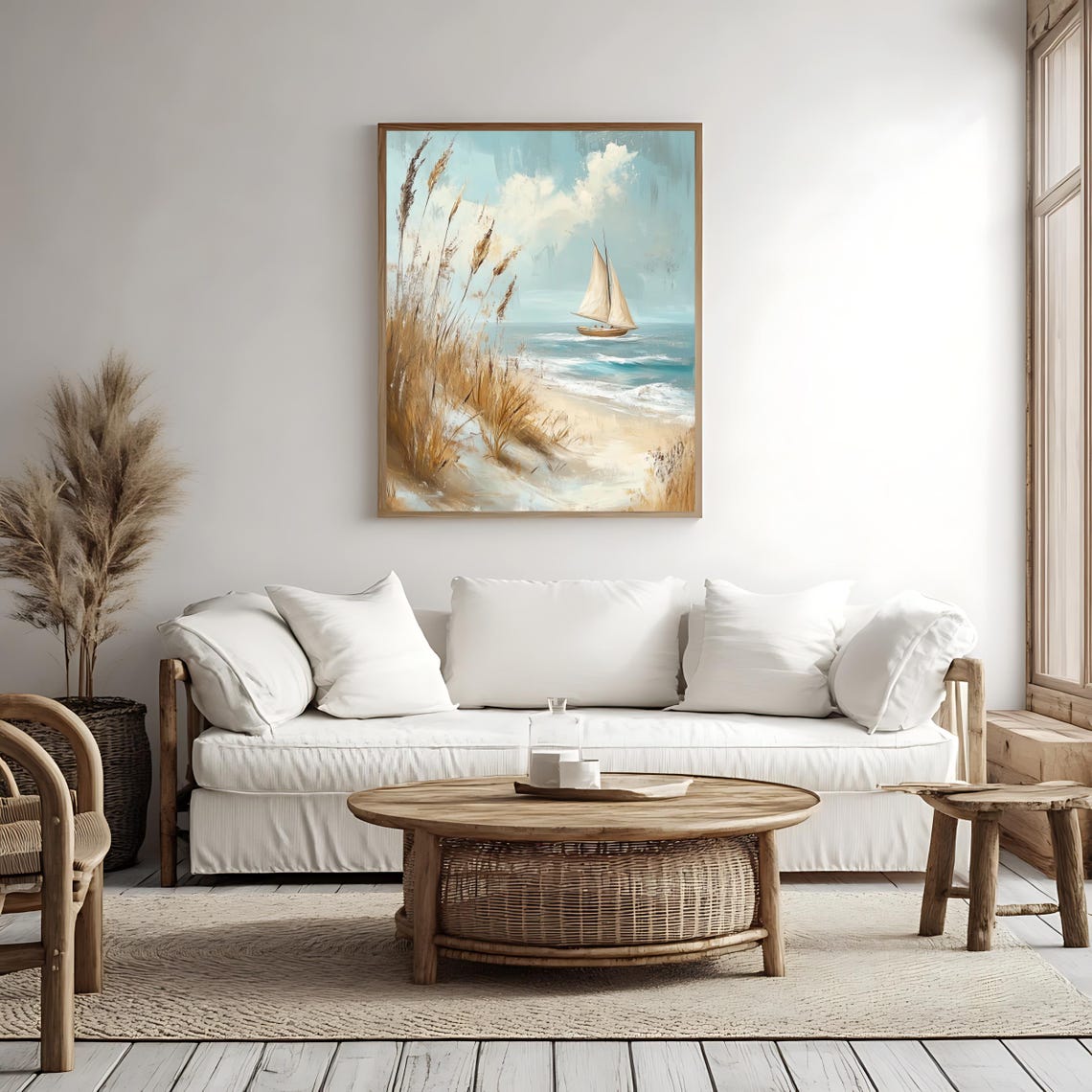 Sailboat on Blue Water with Dune Grasses Beach Nautical Art Poster - Image 4
