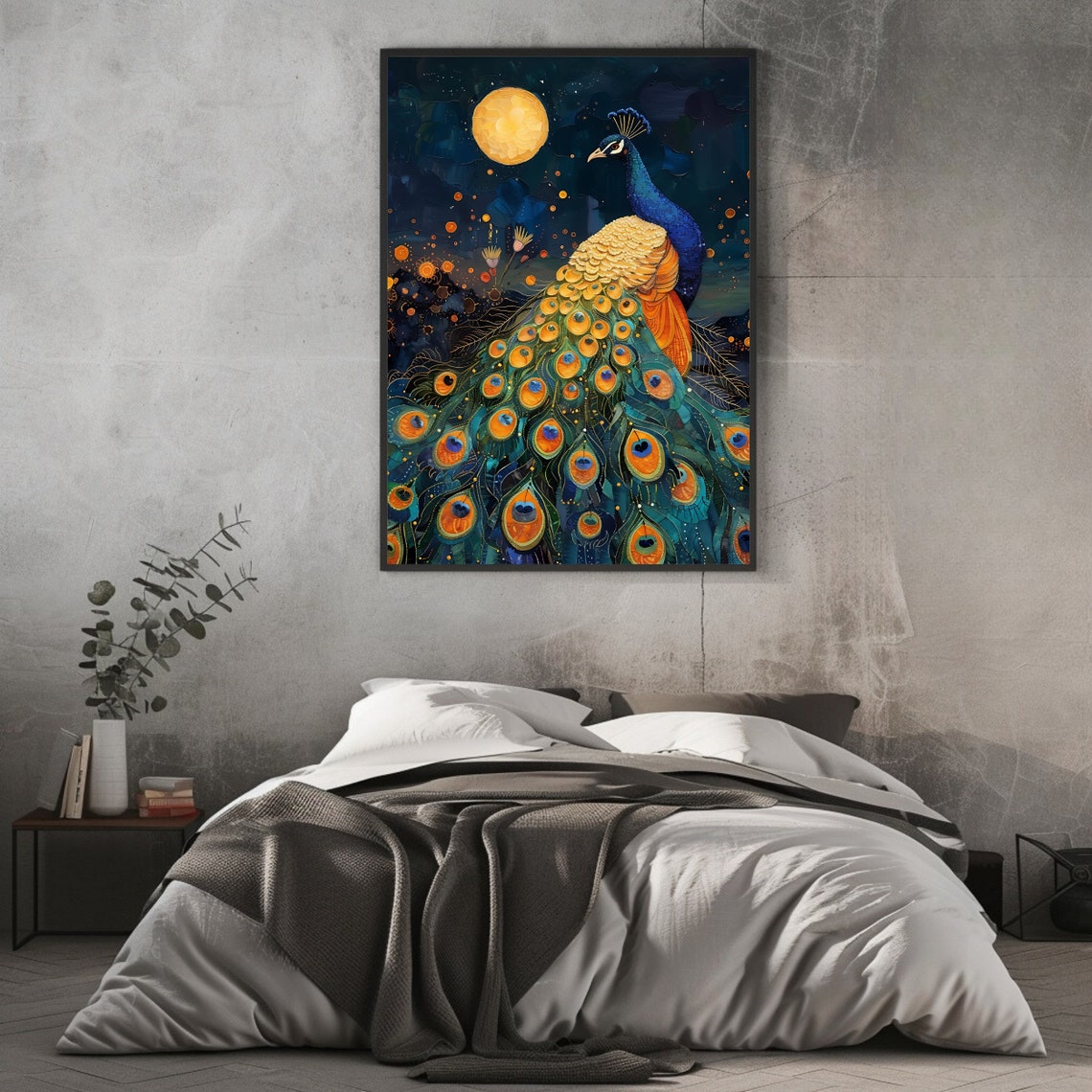 Moonlit Peacock Golden Feathers Full Moon Night Sky Elegant Bird Print - Image 2