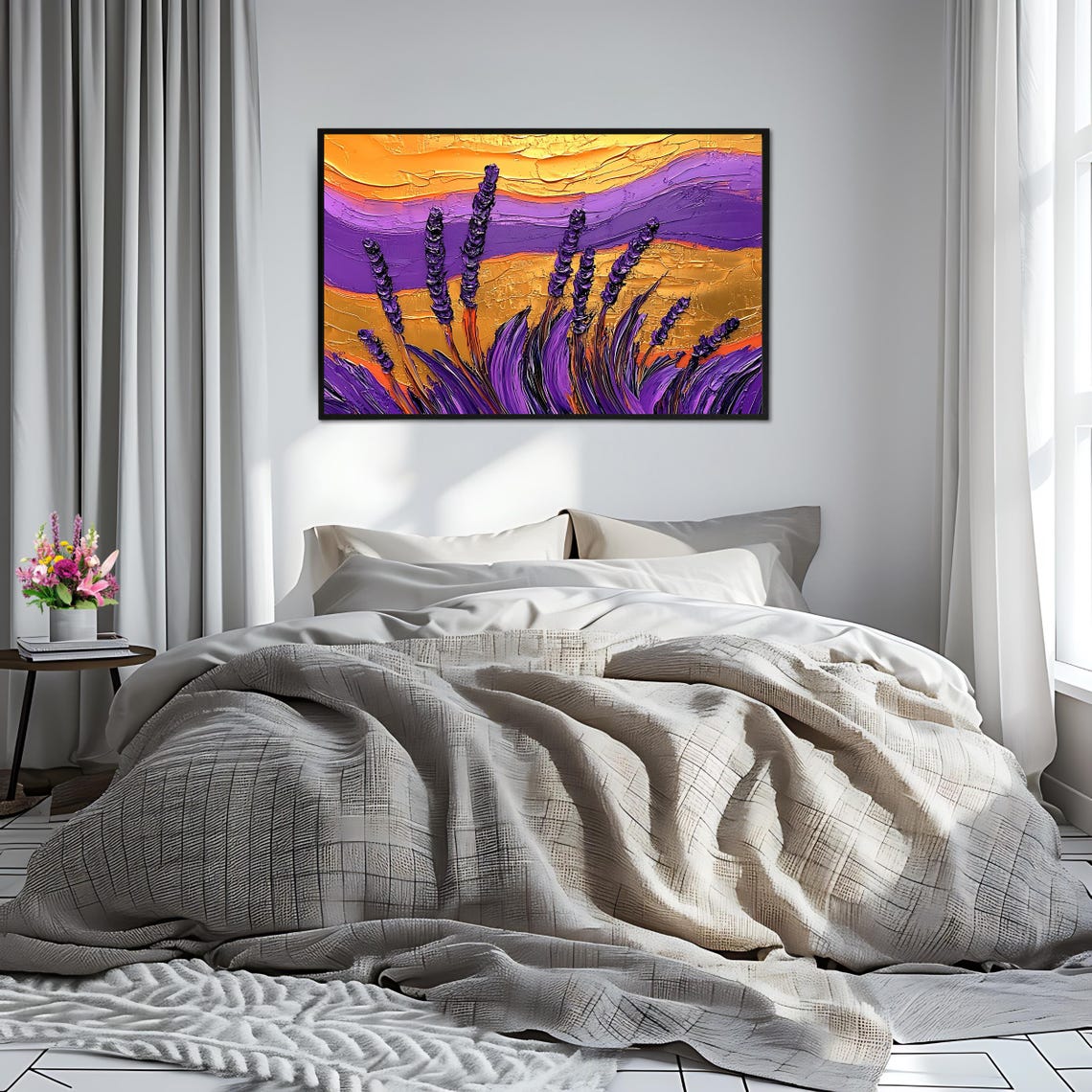 Purple Lavender Field Golden Sunset Textured Impasto Flower Poster - Image 2