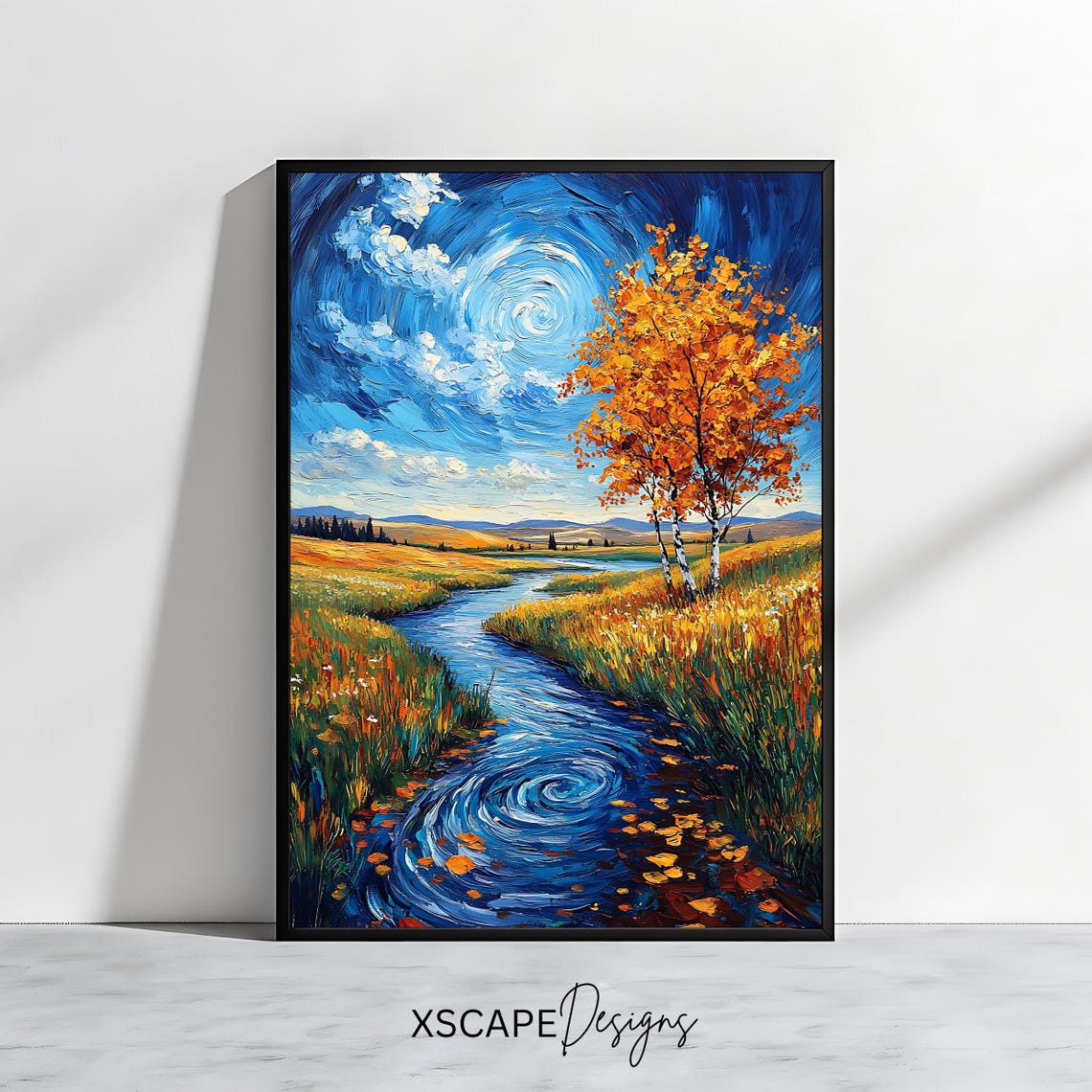 Starry Night Style Autumn River Swirling Blue Sky Fall View Poster