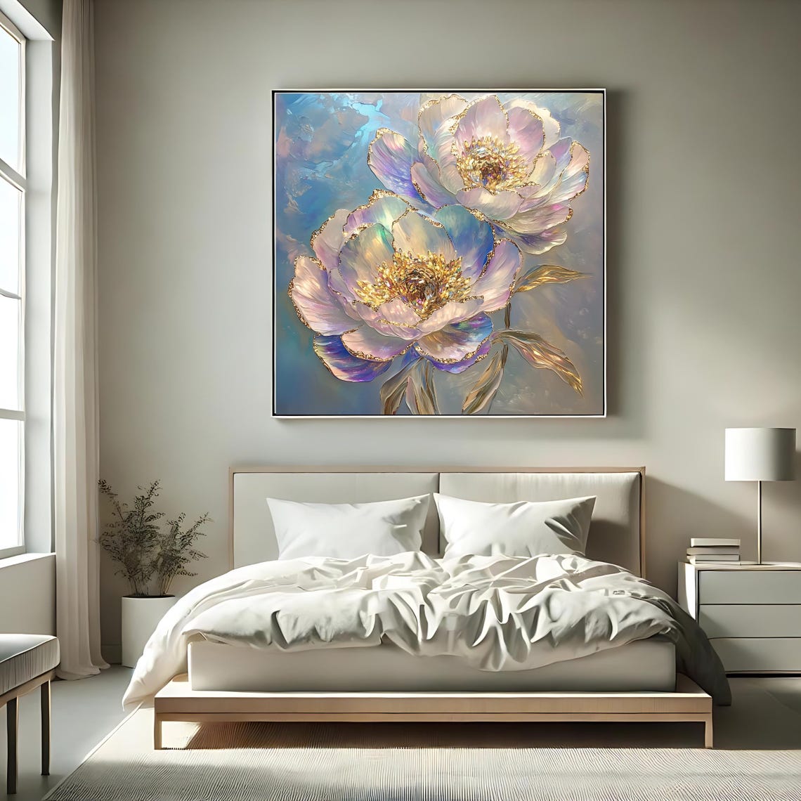 White Purple Peony Blossoms Gold Leaf Painterly Botanical Art Print - Image 2