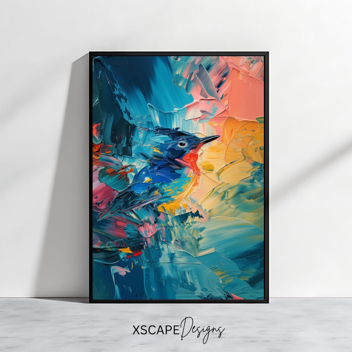 Abstract Blue Bird Colorful Palette Knife Modern Wildlife Poster
