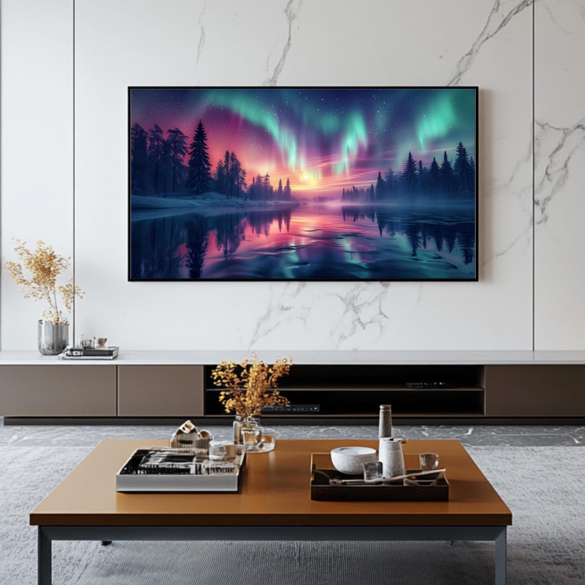 Aurora Northern Lights Winter Lake Pine Forest Night Sky Poster - Image 2