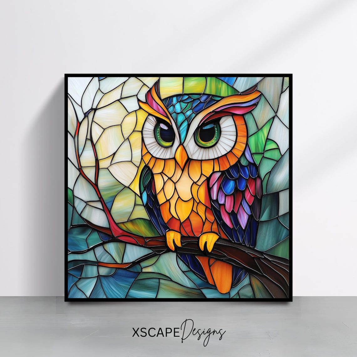 Stained Glass Owl On Branch Colorful Wildlife Mosaic Wall Art Poster