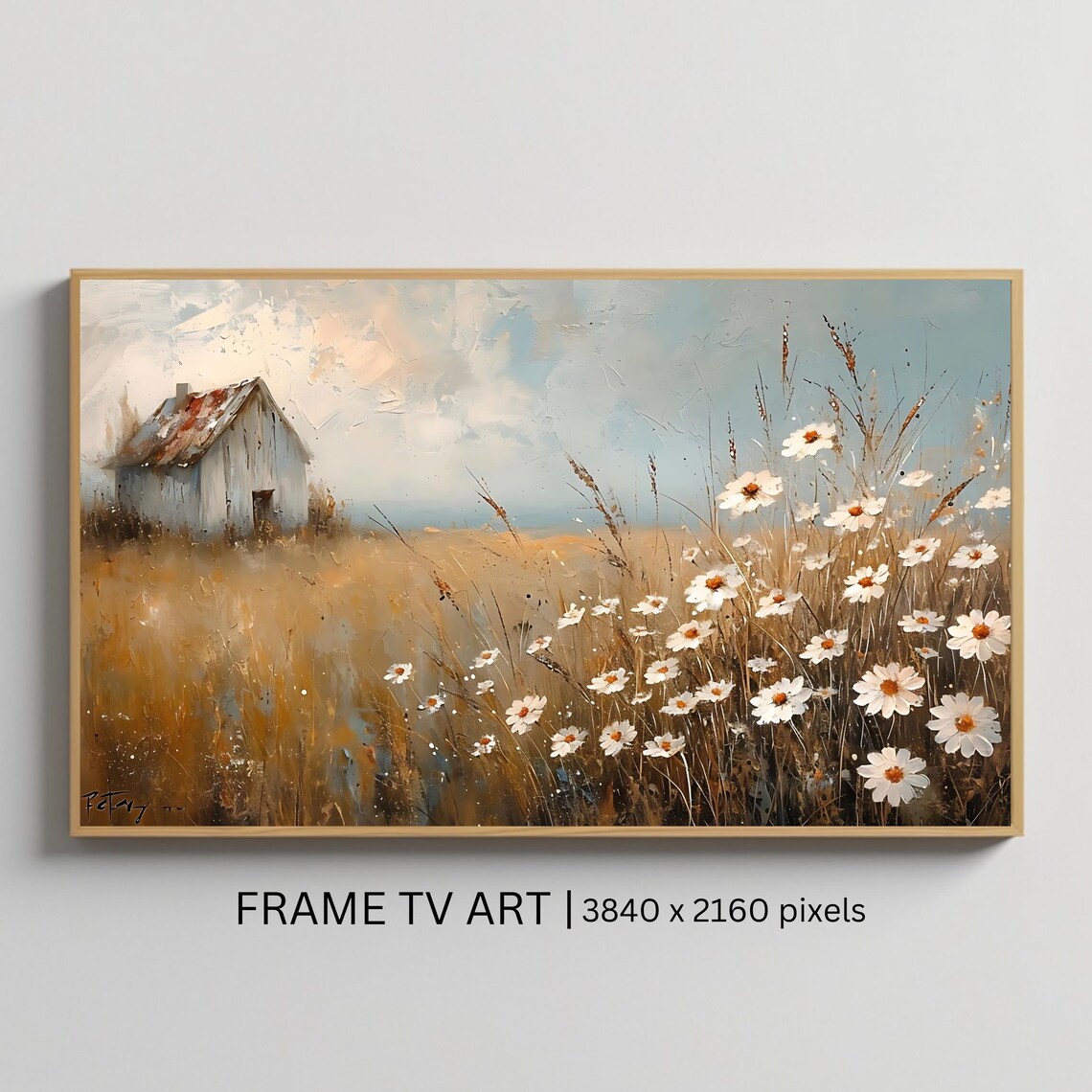 Rustic Country Cottage And Daisy Wildflowers Golden Field Art Poster