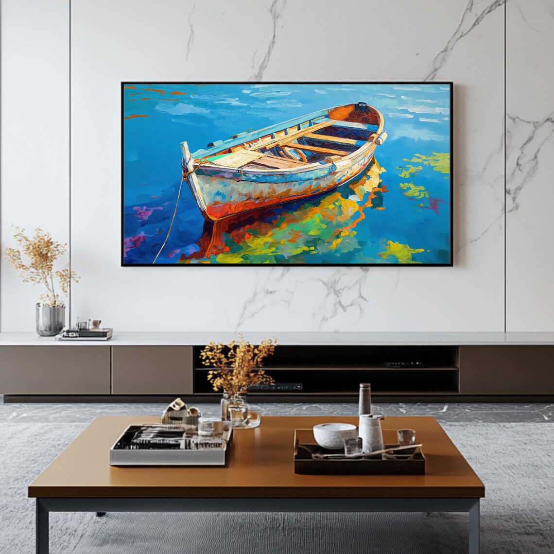 Rustic Wooden Boat Blue Water Sunny Seaside Coastal TV Art Poster - Image 2