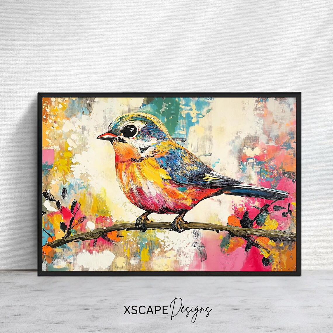 Colorful Songbird Branch Abstract Pastel Background Wildlife Art Print