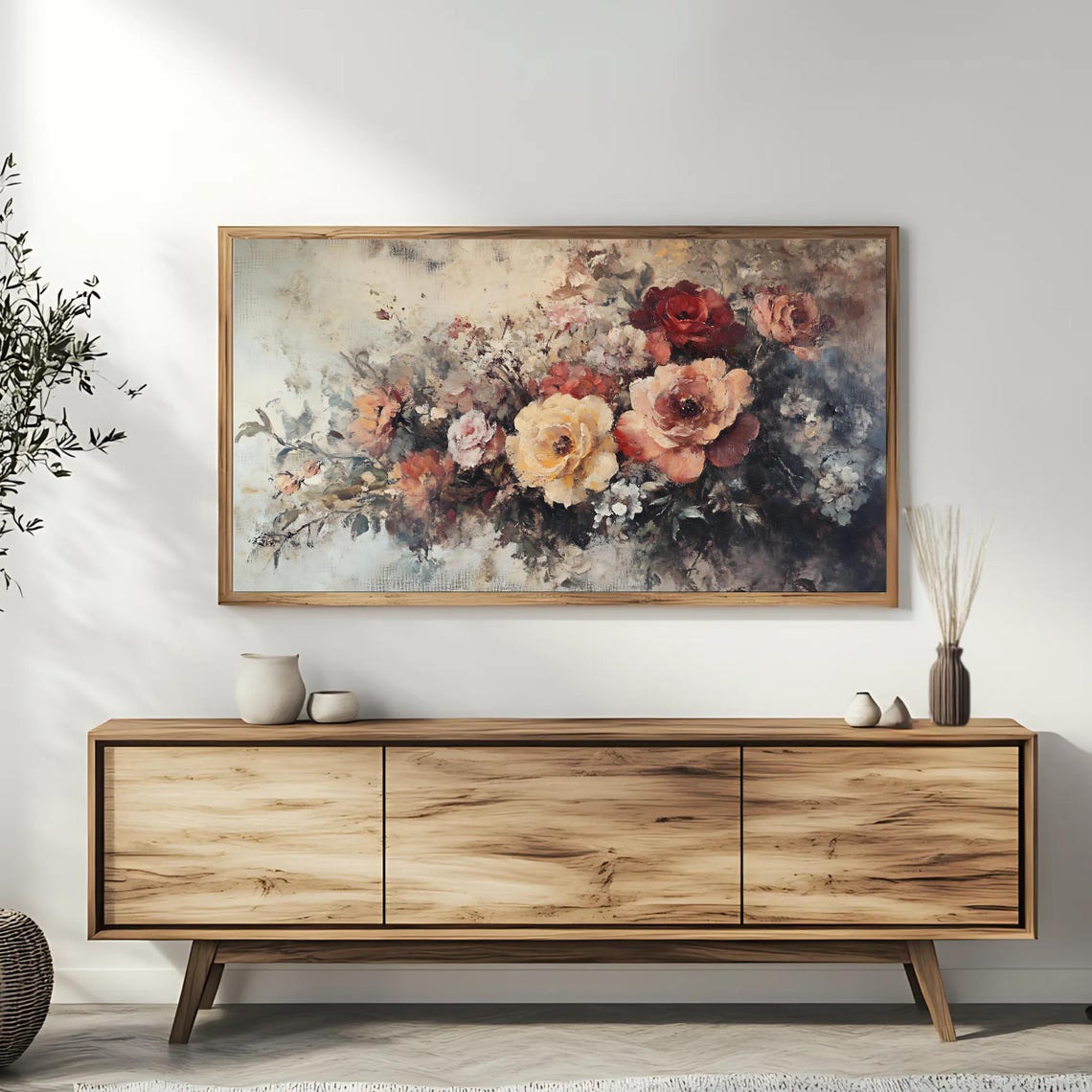 Vintage Rose Bouquet Cream Blush Dark Moody Floral Frame TV Poster - Image 3