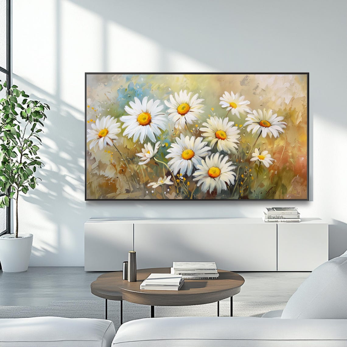 White Daisies Sunlit Meadow Soft Floral Oil Painting TV Art Poster - Image 4