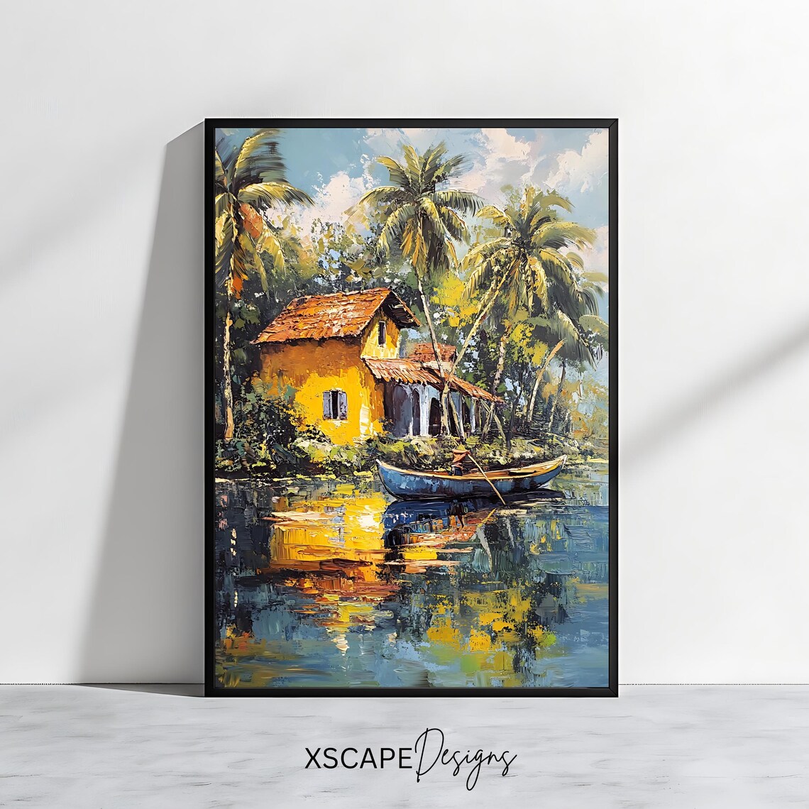 Tropical Lake House Palm Trees Canoe Golden Reflections Island Poster