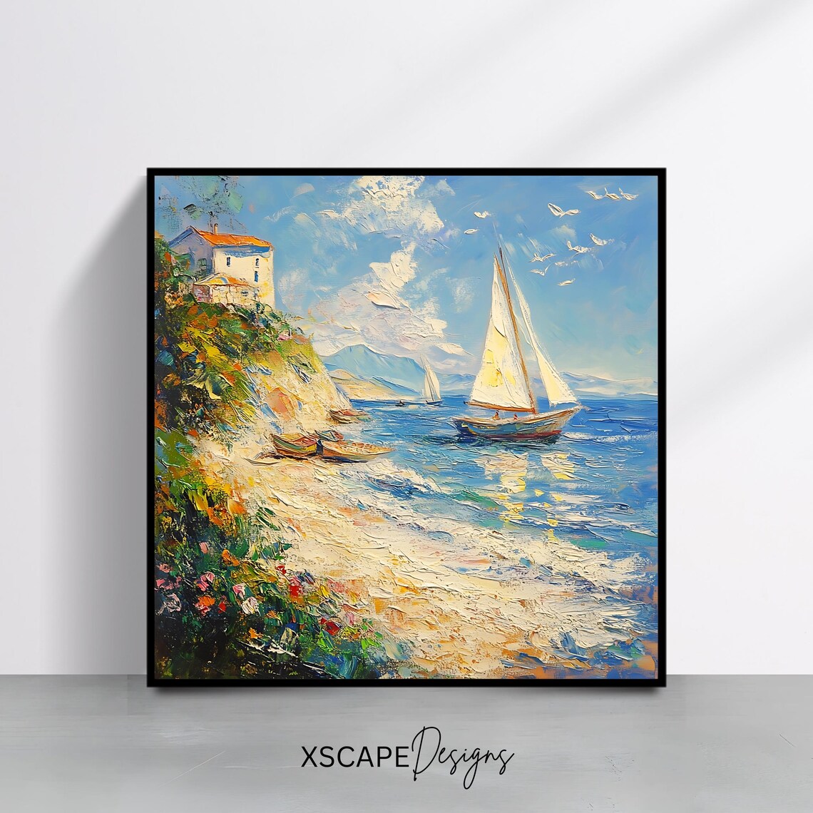 Coastal Sailboat Wall Art Print Seaside Artwork Square Nautical Landscape Decor Ocean Painting