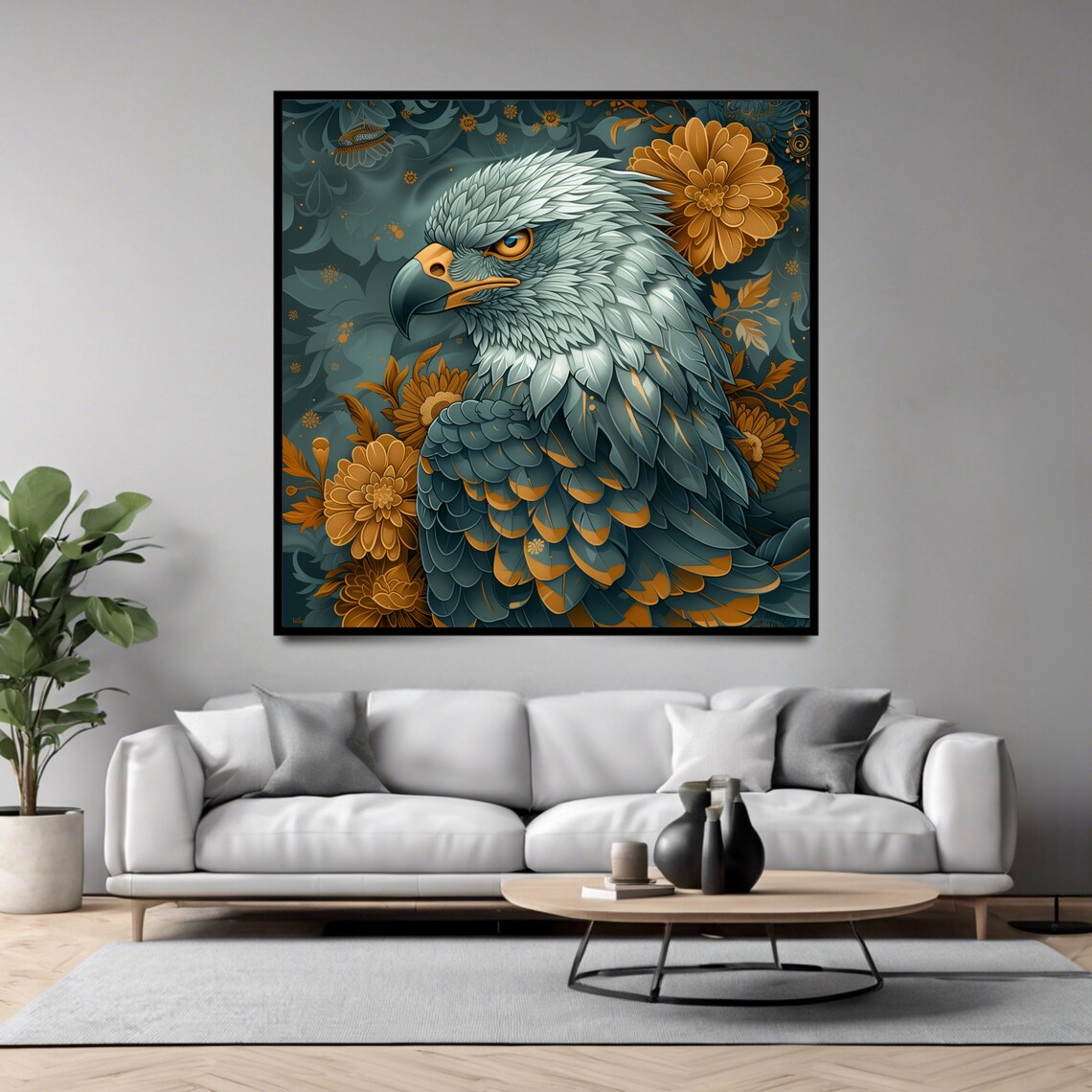 Regal Eagle Portrait Gray Gold Feathers Floral Majestic Wildlife Print - Image 4