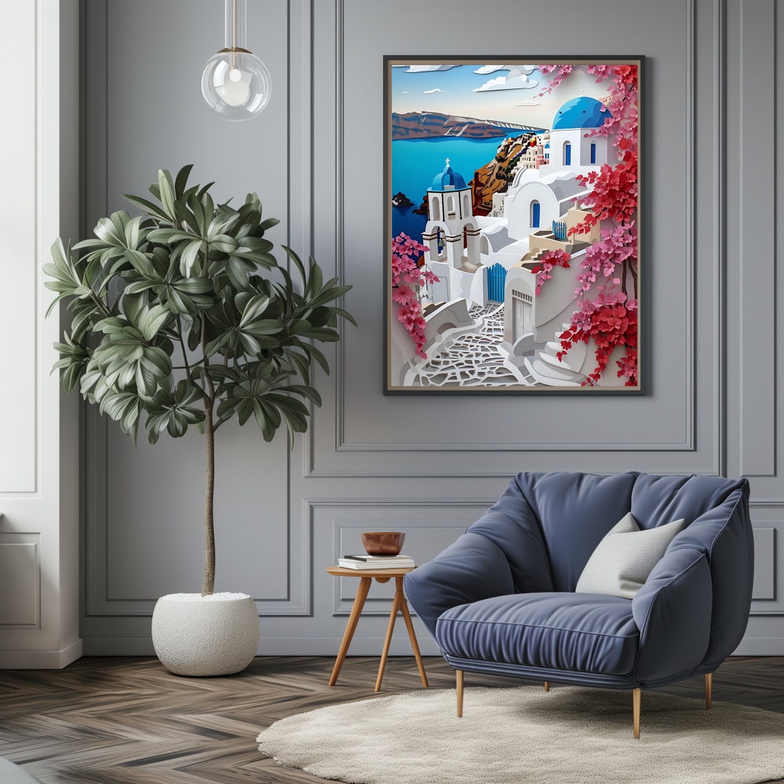 Santorini Oia Blue Dome Churches Caldera Bougainvillea Art Poster - Image 3