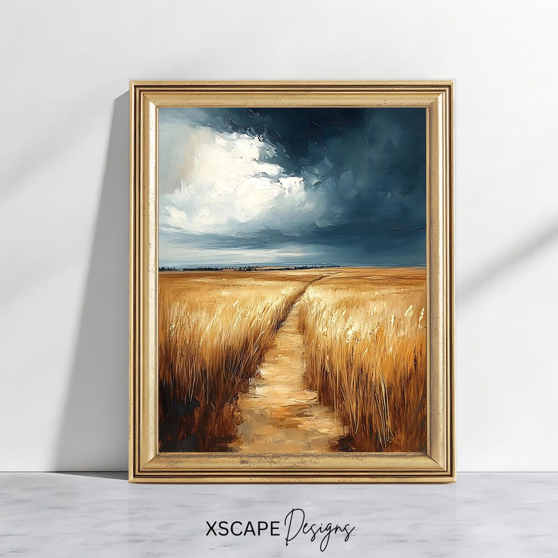 Rustic Wheat Field Stormy Sky Golden Harvest Countryside Path Poster
