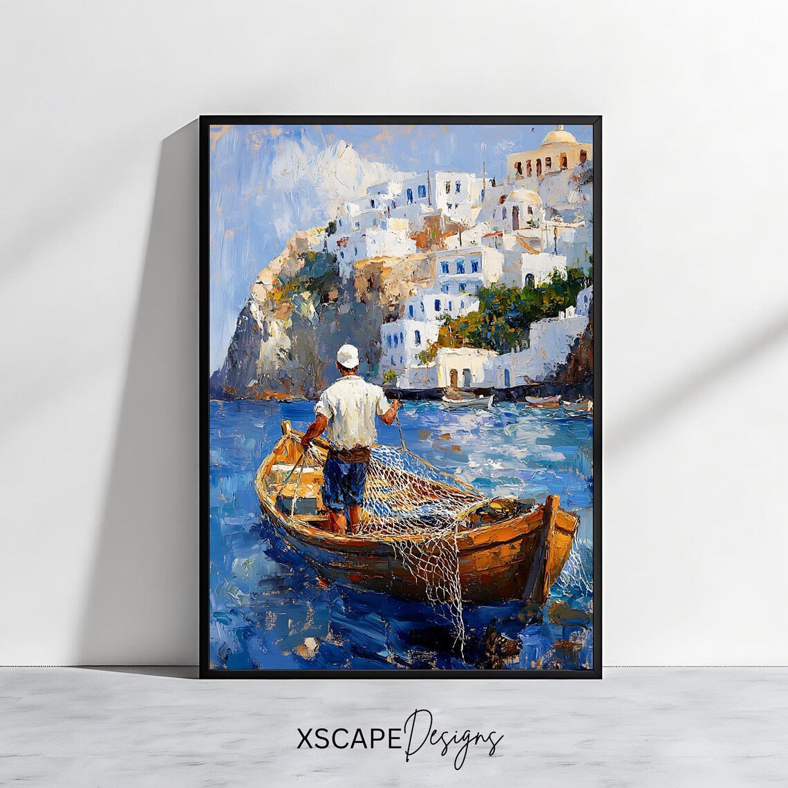 Greek Fisherman Hauling Nets In Wooden Boat Island Village View Poster