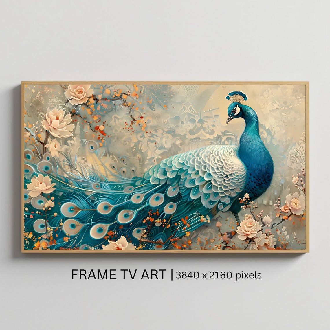 Elegant Teal Peacock Blooming Floral Ornamental Bird Art Print Poster
