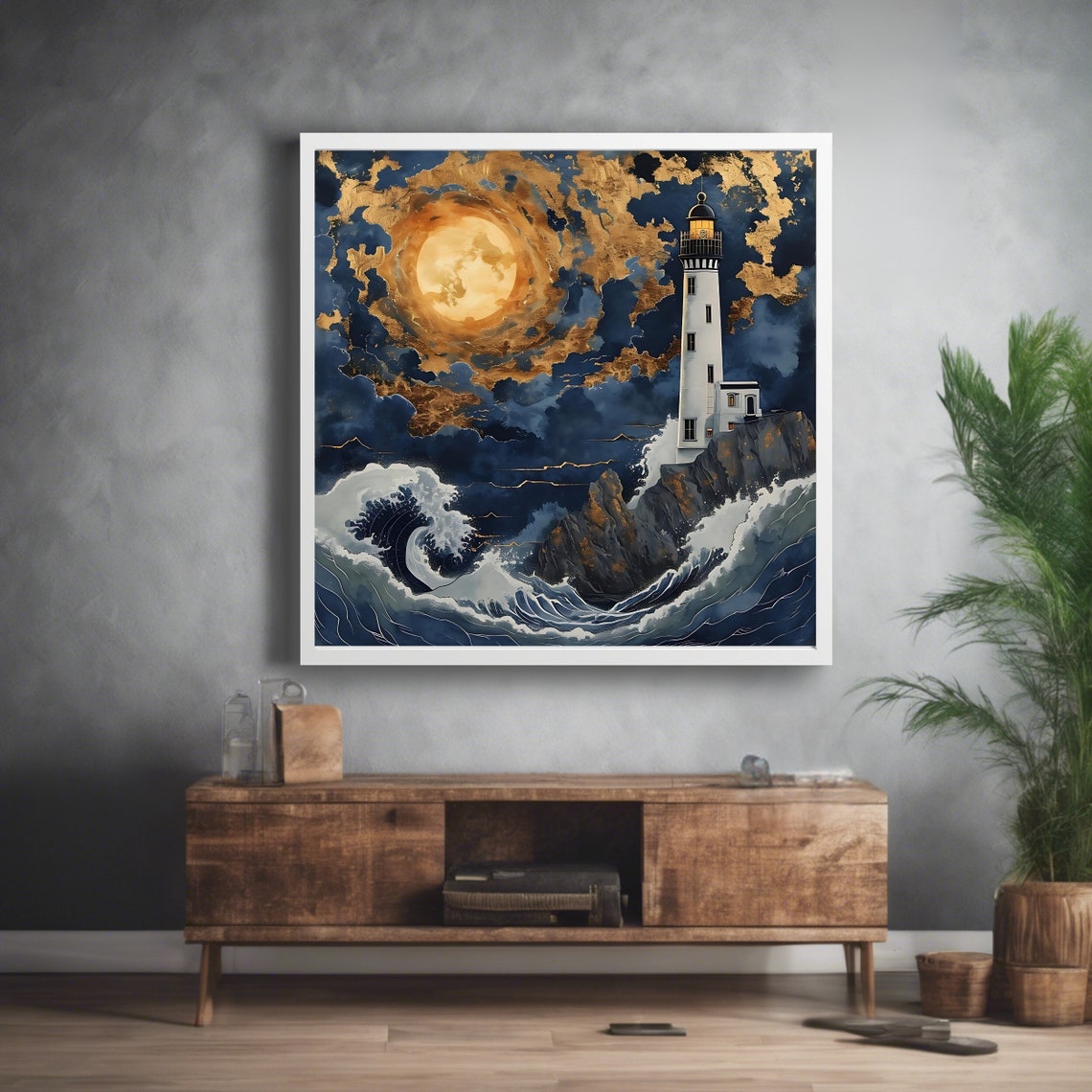 Lighthouse Full Moon Stormy Waves Night Sky Nautical Art Print Poster - Image 3