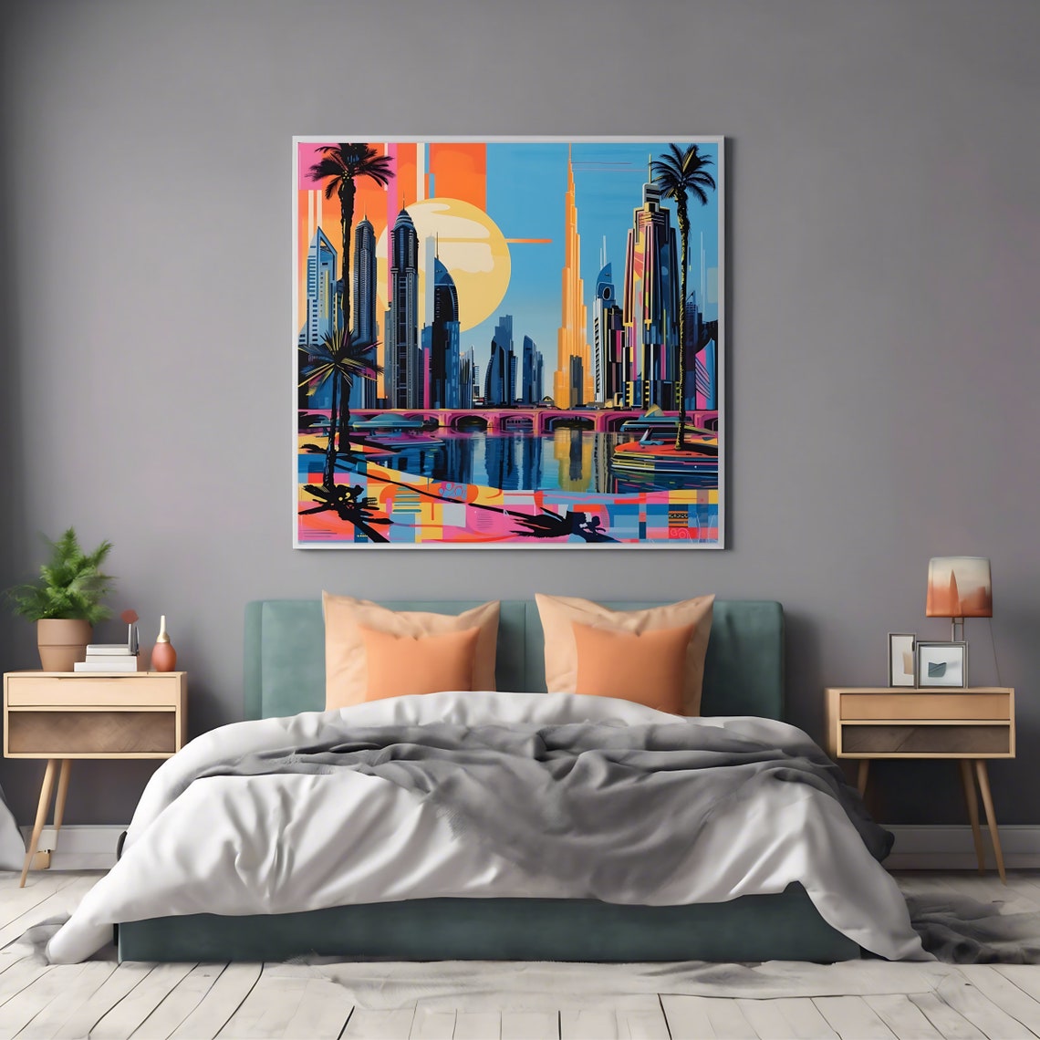 Dubai Skyline Pop Art Palm Trees Sunset Cityscape Travel Print Poster - Image 2