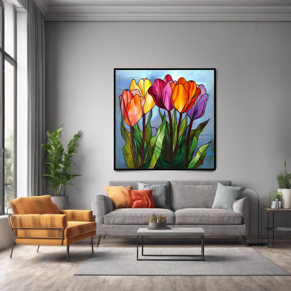 Stained Glass Tulips Colorful Spring Blooms Vibrant Floral Art Print - Image 2
