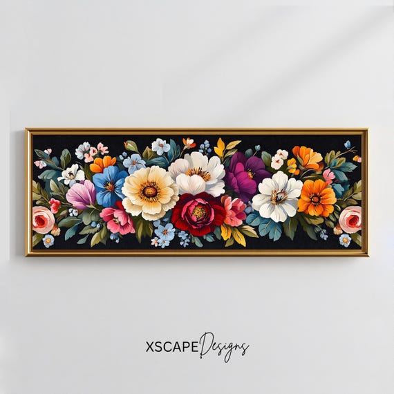 Dark Floral Panoramic Print Long Narrow Flower Artwork Moody Botanical Wall Art Vintage Elegant Decor Horizontal Painting
