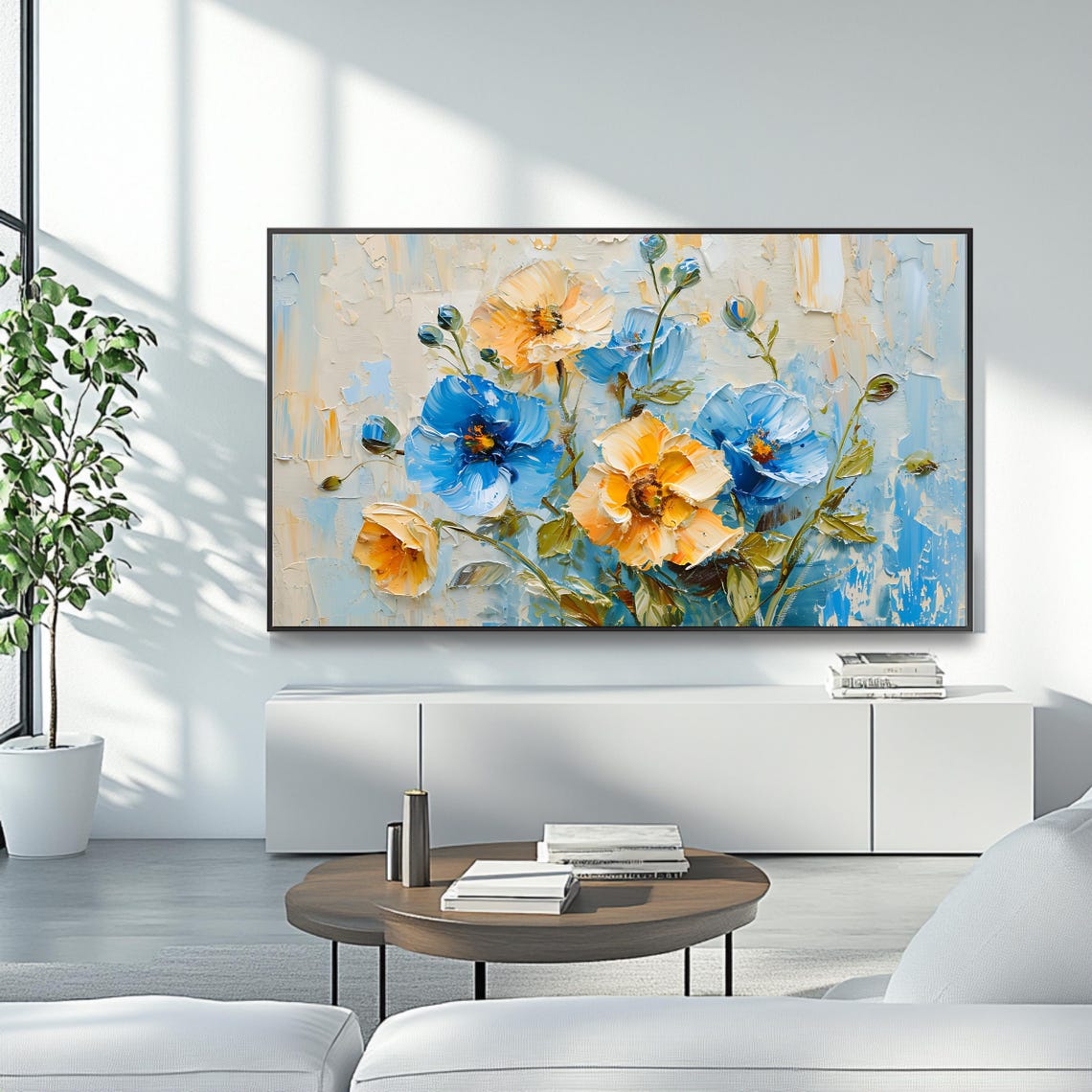 Blue And Gold Poppies Impasto Floral Painting Wall Art Poster - Image 4