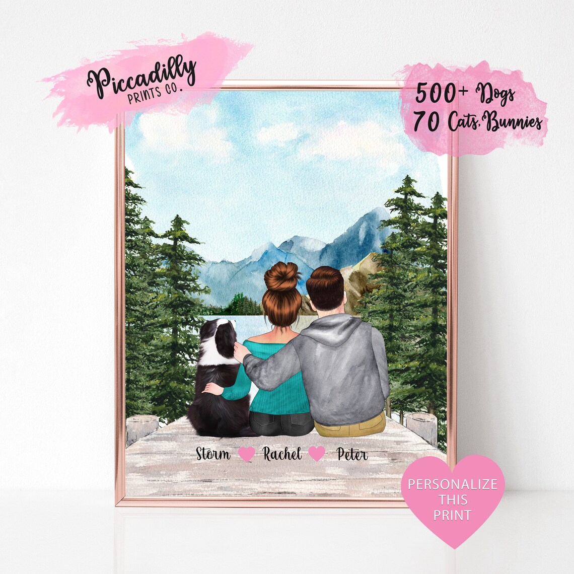 Custom Couple Print With Dog Family Portrait