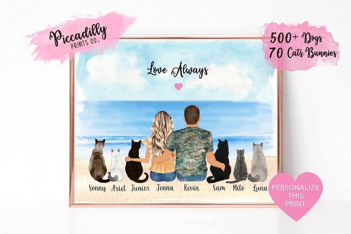 Personalised Couple With Cats Custom Family Portrait