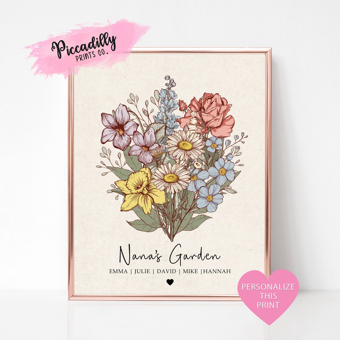 Custom Birth Flower Bouquet, Botanical Art Print