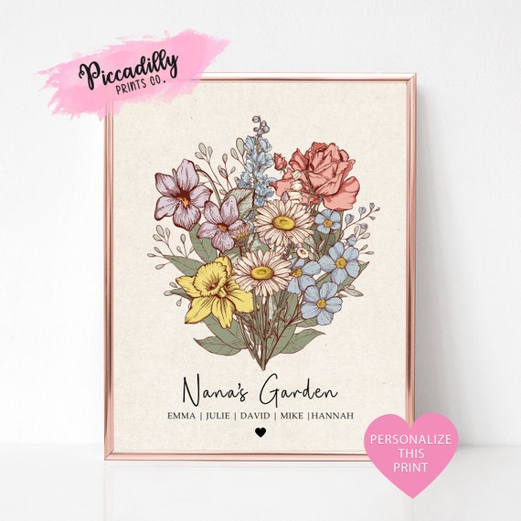 Custom Birth Flower Bouquet, Botanical Art Print