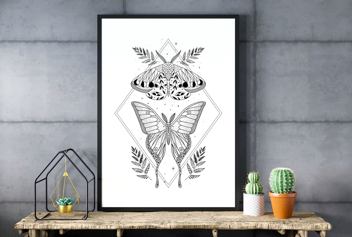 Celestial Moth Moon Phase Boho Mystical Geometric Diamond Line Art Poster - Image 2