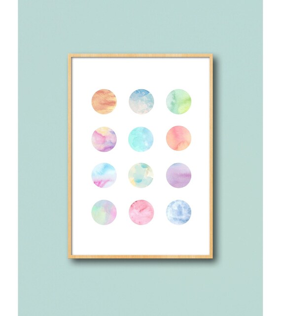 Multicolor Pastel Polka Dot Geometric Circle Grid Print Watercolor Abstract Modern Art Nursery Office Bedroom Decor