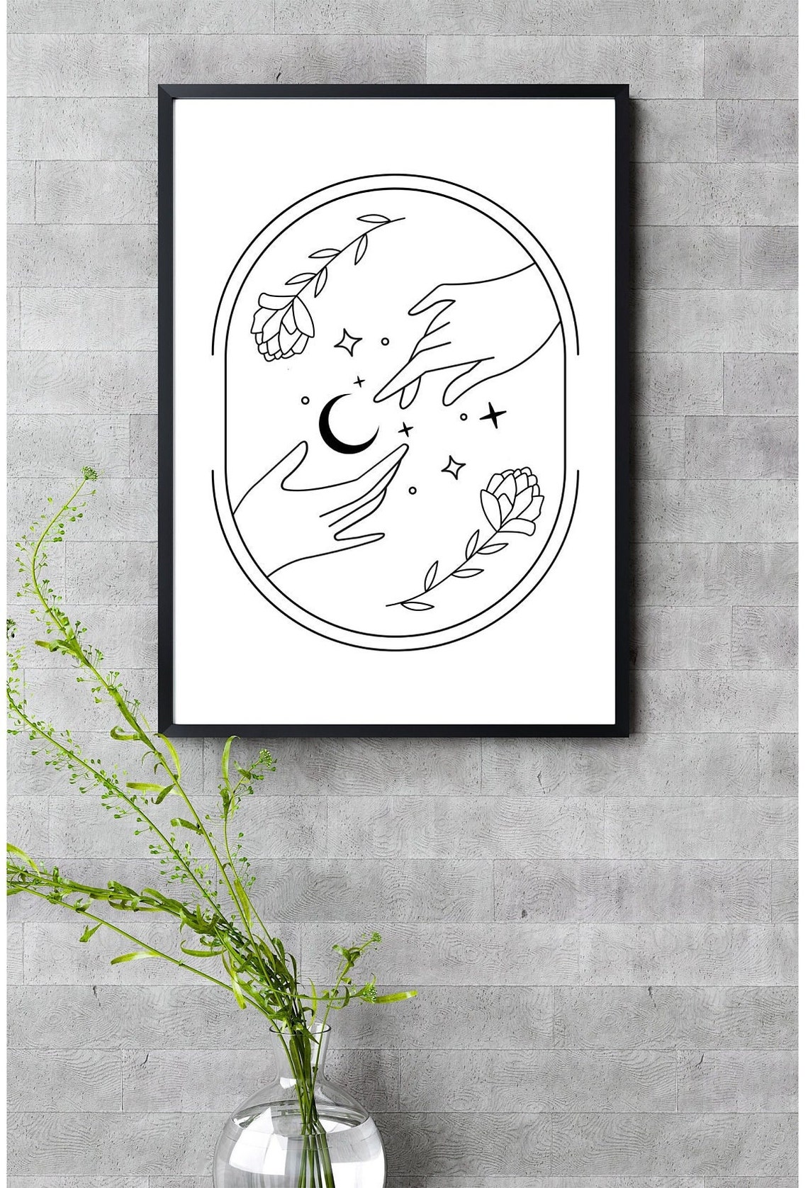 Minimalist Hands Reaching Moon Flowers Oval Frame Line Art Poster - Image 5